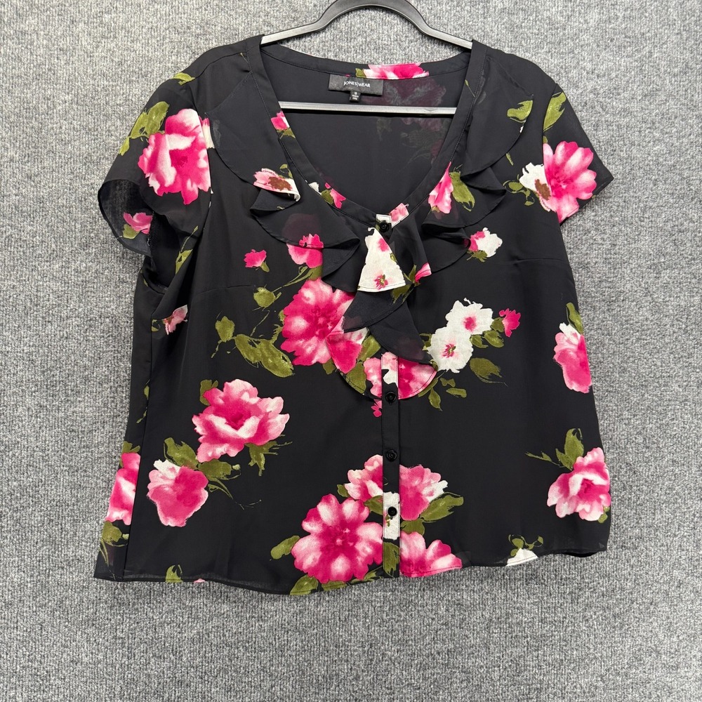 Jones Wear Blouse Top Womens 18 Black Floral Chiffon Button Up Whimsical Fairy